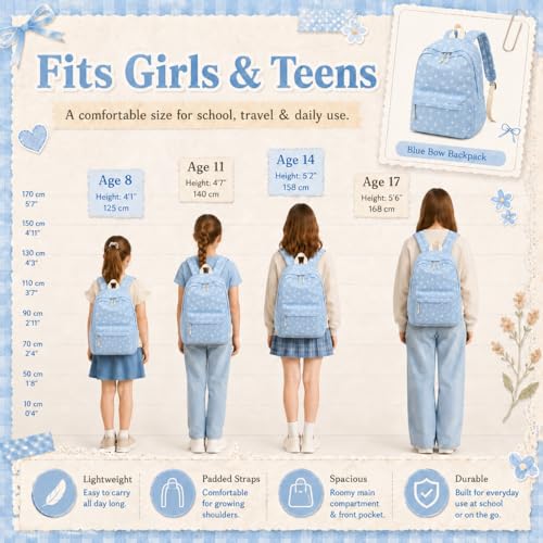 LEDAOU Backpack for Teen Girls Lightweight Kids Bookbag for Elementary Middle High School College Women Laptop Casual Daypack (Bow-Blue) - color: Bow-blue