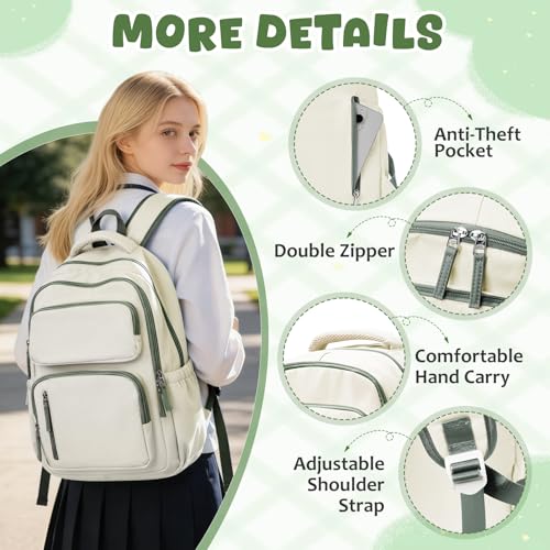 School Backpack for Women Men Lighweght Middle School Bookbag Casual Daypack Classic Collge High School Backpack Waterproof Travel Daypack - color: Beige&green