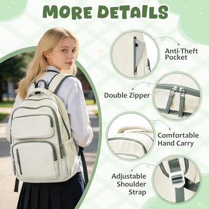 School Backpack for Women Men Lighweght Middle School Bookbag Casual Daypack Classic Collge High School Backpack Waterproof Travel Daypack - color: Beige&green