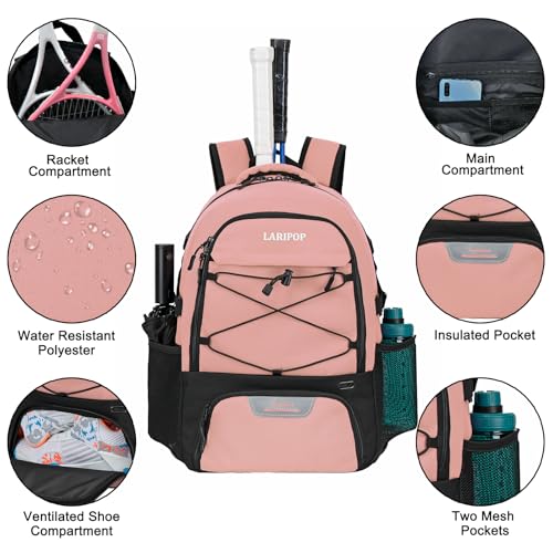 LARIPOP Tennis Bag Tennis Backpack for Women and Men 2 Rackets with Separate Shoe Compartment - color: Flesh Pink