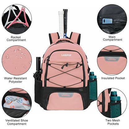 LARIPOP Tennis Bag Tennis Backpack for Women and Men 2 Rackets with Separate Shoe Compartment - color: Flesh Pink