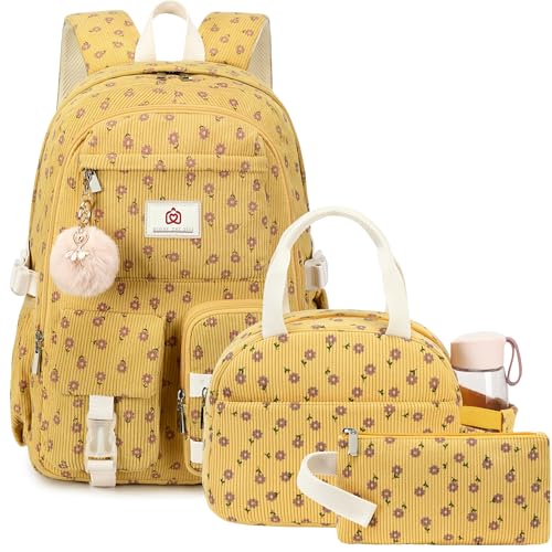 Hidds School Backpack with Lunch Box Laptop College Backpacks Corduroy Students Bookbag with Lunch Bag for Teens Girls Women (03-Corduroy Purple Floral) - color: 03-corduroy Purple Floral