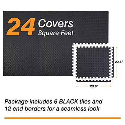 TCE AUPM001BK Interlocking Foam Mat Protective Exercise Workout Puzzle Floor Mat Tiles for Home Gym Equipment - 6 Pieces, 24 Square feet, Black - color: Black