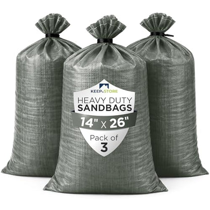Heavy Duty Sand Bags Pack of 3, Army Green Empty Sandbags with Built-In Ties, Woven Polypropylene UV Protection 1600 Hours, Fillable Bags for Flood Control, Weight, 14x26 inches, 50 Pounds Volume - size: 14"W x 26"L, style: Pack of 3