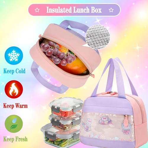 3pcs Girls Backpack With Lunch Box & Pencil Case,Cute Rabbit Kids School Backpack Set For Kindergarten & Elementary School (Style A Purple-16.5in) - color: Style A-purple