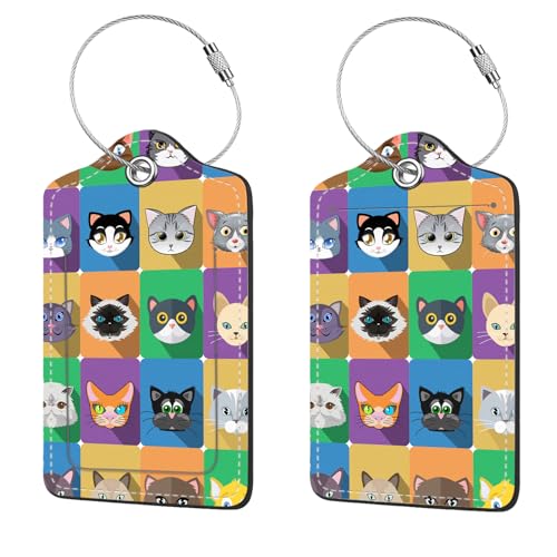 2 Pcs Luggage Tags for Suitcases, PU Leather Cruise Ship Luggage Tags with Privacy Cover Label Address Card and Durable Metal Ring Suitable for Men Women Handbags Backpacks Schoolbag,Animal Squares - color: Animal Squares