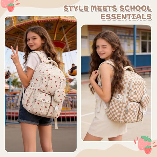 MOONBABY Girls Backpack, Kids Backpack for Girls, School bag for Primary Elementary Teenage, Middle School Students Bookbag - color: Beige Strawberry