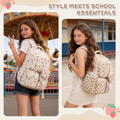 MOONBABY Girls Backpack, Kids Backpack for Girls, School bag for Primary Elementary Teenage, Middle School Students Bookbag - color: Beige Strawberry
