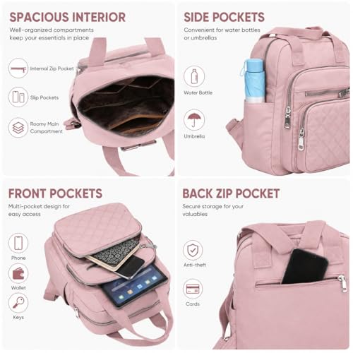 Small Backpack for Women Casual Quilted Square Bag Waterproof Multi Pockets Daypack Lightweight Top Handle Satchel - color: Pink