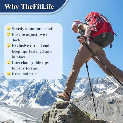 TheFitLife Nordic Walking Trekking Poles - 2 Sticks with Anti-Shock and Quick Lock System, Telescopic, Collapsible, Ultralight for Hiking, Camping, Mountaining, Backpacking, Walking, Trekking - color: Black
