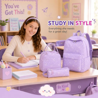 BTOOP School Backpacks for Teen Girls Bookbags Lightweight Kids Backpack School Bags Set with Lunch Box Pencil Case - color: Purple