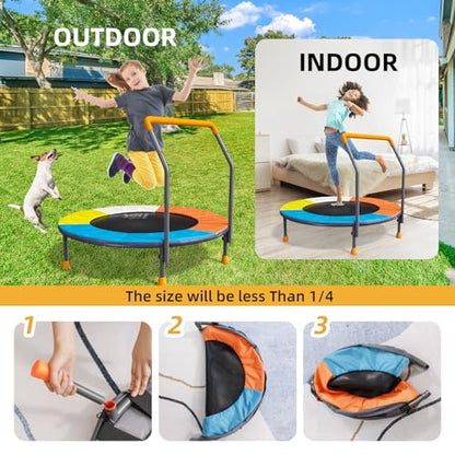 3FT Toddler Trampoline for Kids Ages 1-6, 36" Foldable Mini Trampoline with Adjustable Handle, Indoor/Outdoor Rebounder, Colorful Jumping Mat, Quiet Elastic Band, Safety No-Gap, Max Load 100 LBS
