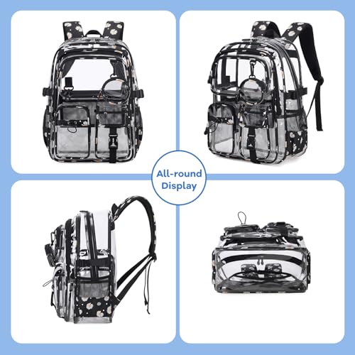 Clear Backpacks for Stadium Events Heavy Duty Clear Bookbag for School Girls Transparent Back Pack, Black - color: Black Daisy