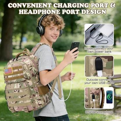 Camo Backpack for Boys, Tactical Boys Backpack with Lunch Box Pencil Case, Kids Backpacks with USB Charging Port, Military Army School Bookbag for Teen Boy Elementary Middle High School Camp - color: Khaki-green
