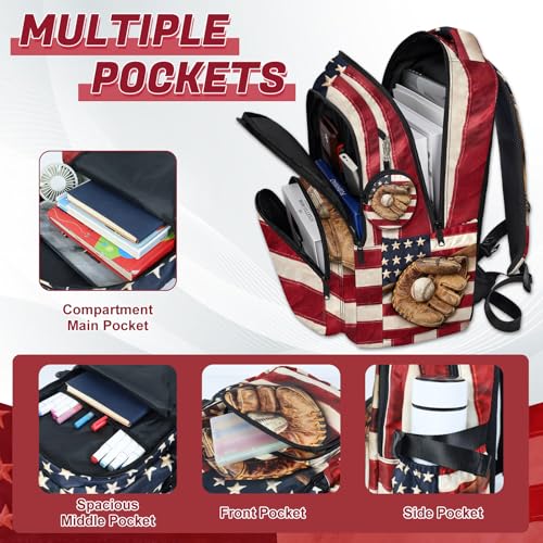 Baseball Backpack Set for Boys, Kids Retro USA Flag Backpack for School with Lunch Box and Pencil Case Coin Purse, School Bookbag for Boys - color: Retro Baseball