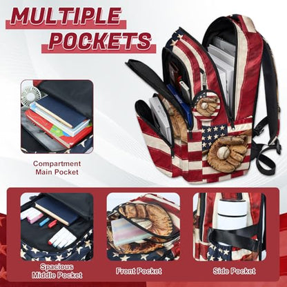 Baseball Backpack Set for Boys, Kids Retro USA Flag Backpack for School with Lunch Box and Pencil Case Coin Purse, School Bookbag for Boys - color: Retro Baseball