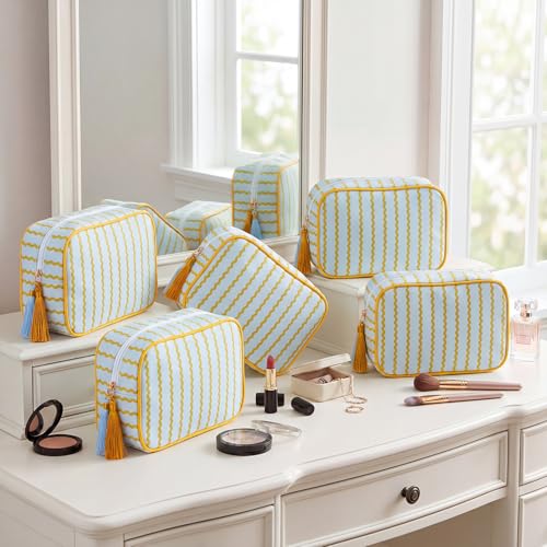 Kacctyen 6 Pack Mustard Yellow and Sage Green Striped Makeup Bag bulk with Tassel Travel Cosmetic Pouch Organizer Large Zipper Toiletry Case for Women Aesthetic Storage Pouch Mahjong Tile Bag - color: Mustard Yellow and Sage Green