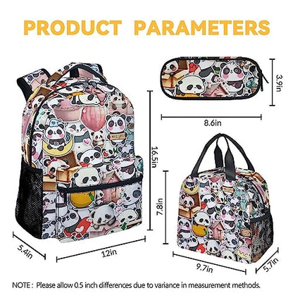 Panda Backpack with Lunch Box And Pencil Case, 16 Inch Panda Theme Bookbag with Adjustable Straps, Durable, Lightweight, Large Capacity, School Backpack for Girls Women - color: Panda4-2