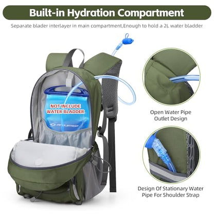 RealCool 20L Lightweight Hiking Backpack, Waterproof Daypack for Camping | 210D tear-resistant nylon, breathable shoulder and back panel, Multi-Compartment,hydration system,reflective strip,bungee net - color: Army Green, size: 20L