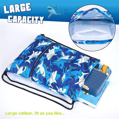 WAWASAM Kids Drawstring Backpack, Gym Swim Bag Cinch Bag for Girls Boys with Zipper Pocket - color: Shark A002