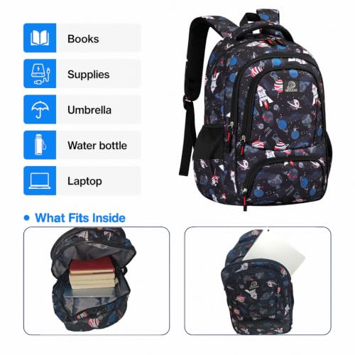 MYGOO Boys School Backpack Doubleday Astro Black Bookbag for Elementary Middle School Ages 5-12, 17 inch Large Capacity 24L Kids Student Travel Bags - color: Doubleday Astro Black