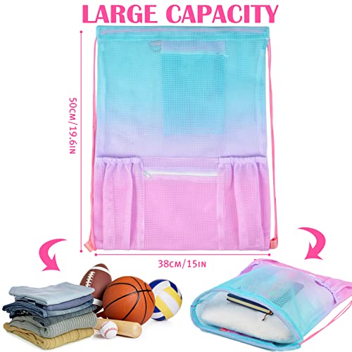 Mesh Drawstring Bag with Zipper Pocket, Beach Bag for Swimming Gear Backpack Gym Storage Bag for Adult Kids (Pink Blue) - color: Pink Blue