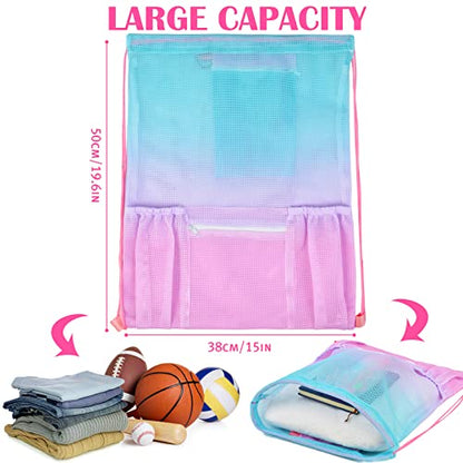 Mesh Drawstring Bag with Zipper Pocket, Beach Bag for Swimming Gear Backpack Gym Storage Bag for Adult Kids (Pink Blue) - color: Pink Blue