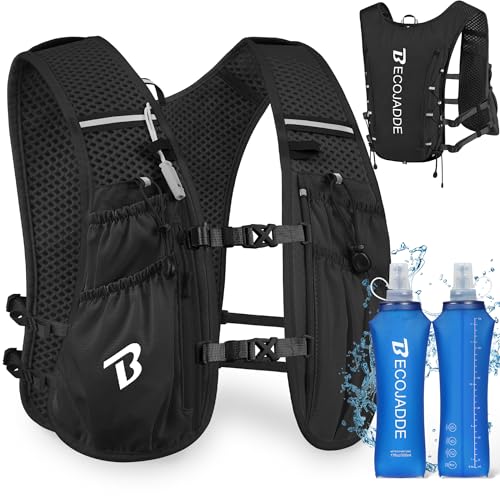 BECOJADDE Running Vest Hydration Backpack for Men Women, 5L Lightweight Running Backpack Hydration Pack for Marathon, Trail, Cycling, Hiking, Jogging - color: Jet Black, size: 5l Running Vest With Two 500ml Soft Water Bottles