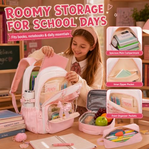 Bluboon Backpack for School Teen Girls Bookbags with Lunch Bag & Pencil Case Aesthetic Water Resistant School Bags for Kids - color: Pink Gingham