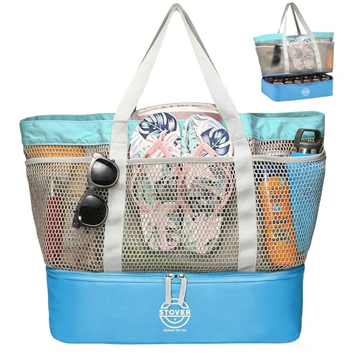 STOVER Extra Large Mesh Beach Bag, Vacation, Pool, Shopping & Travel Tote - Foldable w/Storage Pouch & Pockets for Women, Men - color: Cooler - Lagoon Blue