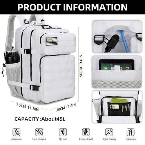 Lovelinks21 45L Tactical Assault Backpack 3 day assault pack with Molle Waterproof backpack Rucksack for Tactical Backpacks (White) - color: White