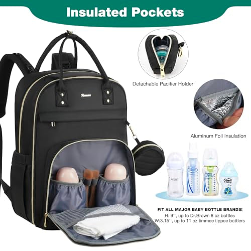 MOMUVO Diaper Bag Backpack, Quilted Baby Bag with Changing Pad and Stroller Straps, Dark Black - color: Dark Black