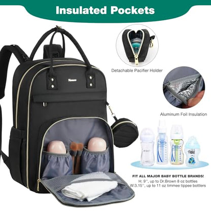 MOMUVO Diaper Bag Backpack, Quilted Baby Bag with Changing Pad and Stroller Straps, Dark Black - color: Dark Black