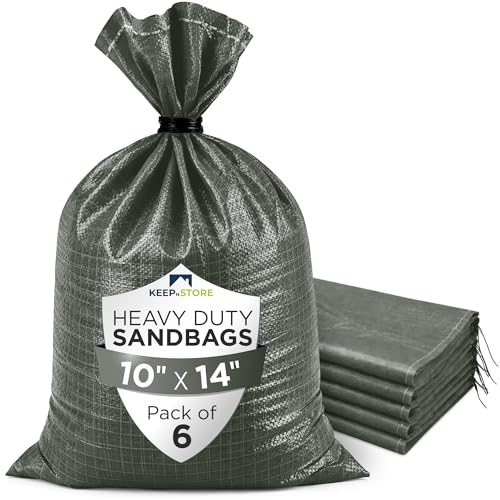 Heavy Duty Sand Bags Pack of 6, Army Green Empty Sandbags with Built-In Ties, Woven Polypropylene UV Protection 1600 Hours, Fillable Bags for Flood Control, Weight, 10x14 inches, 15 Pounds Volume - size: 10"W x 14"L, style: Pack of 6