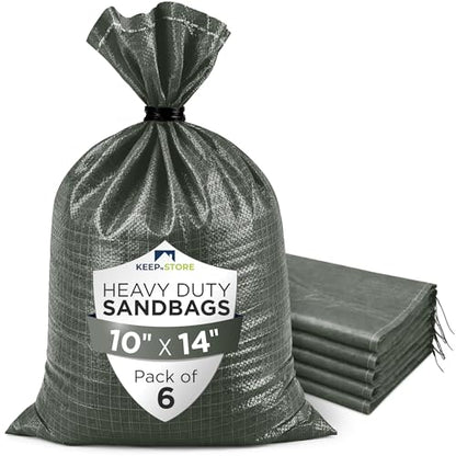 Heavy Duty Sand Bags Pack of 6, Army Green Empty Sandbags with Built-In Ties, Woven Polypropylene UV Protection 1600 Hours, Fillable Bags for Flood Control, Weight, 10x14 inches, 15 Pounds Volume - size: 10"W x 14"L, style: Pack of 6