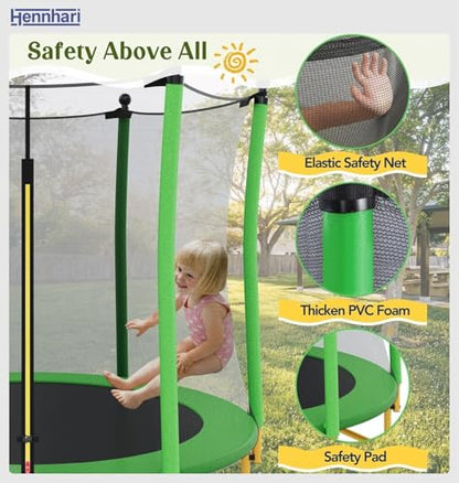 5 FT Kids Trampoline with Safety Enclosure Net, Indoor Outdoor Toddler Trampoline with U-Shaped Legs & Foam Poles, Mini Trampoline for Kids - color: Green