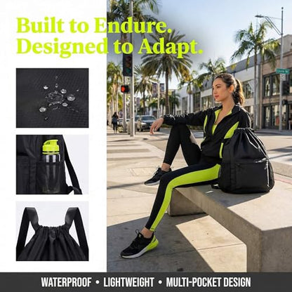 Waterproof Drawstring Backpack Gym Bag for Men Women, Lightweight Sports Cinch Sack with Front Pocket & Side Mesh Pockets, Large Capacity Durable String Bag for Gym Workout Travel Beach Swimming Black
