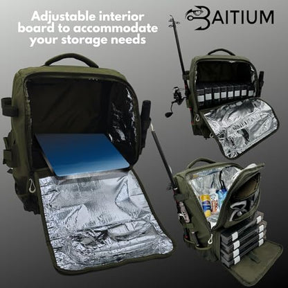 Baitium Fishing Backpack, Tackle Bag With Rod Holders, 40L Capacity With Cooler, Rain Cover, Insulated Pocket, 4 Tackle Trays Included (Jet Black) - color: Jet Black