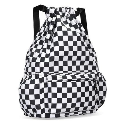 Drawstring Backpack for Women Drawstring Gym Bag Water Resistant Small Cinch Sack Pull String Backpack Bag (Checkered-Black) - color: Checkered-black