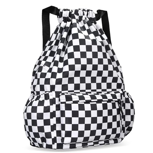 Drawstring Backpack for Women Drawstring Gym Bag Water Resistant Small Cinch Sack Pull String Backpack Bag (Checkered-Black) - color: Checkered-black