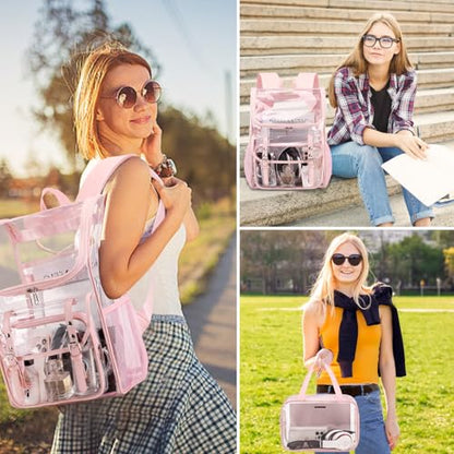DIGOBAY Clear Backpack with Lunch Bag Set, Leather Clear Backpack Heavy Duty Thick PVC Bookbag See Through Transparent Backpacks with Support Pad for Women Girls College Travel Work Pink - color: Pink