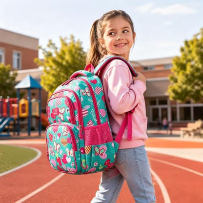 MYGOO Girls School Backpack Campus Butterfly Aqua Bookbag for Elementary Middle School Ages 5-12, 17 inch Large Capacity 24L Kids Student Travel Bags - color: Campus Butterfly Aqua