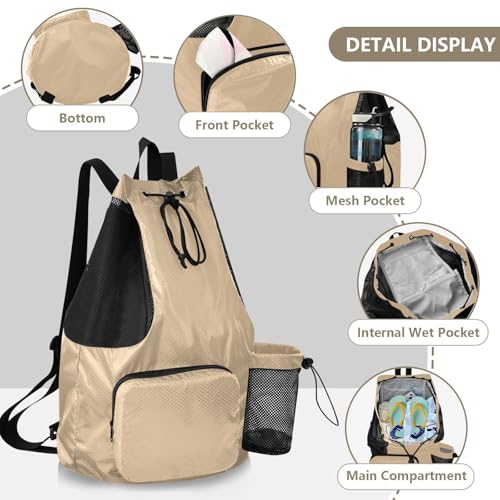 ODAWA Tan Mesh Drawstring Bag Gym Bag Backpack for Women 12.6" x 8.2" x 18.5" - color: Tan