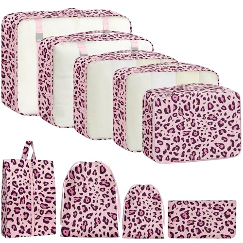9 Set Packing Cubes for Travel - Luggage Organizer Bags for Family, Packing Organizer for Travel Accessories Luggage Carry On Suitcase Durable Travel Essentials Bags Set - color: Purple leopard print