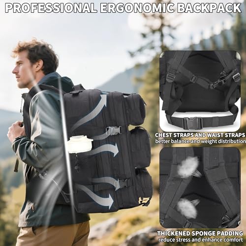 55L Tactical Backpack Heavy Duty Military Rucksack Molle Backpack 3 Day Assault Pack for Work Outdoors - color: Black