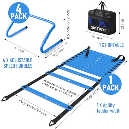 Agility Ladder,Soccer Training Equipment Set,20ft Speed Ladder,4 Agility Hurdles,Football Basketball Training Equipment,Football Accessories for Kids Youth Adults | Footwork, Speed & Agility Training - color: Blue