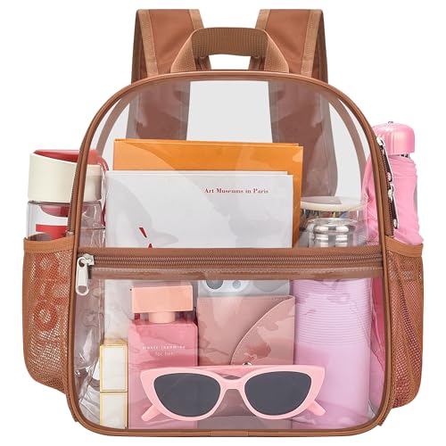Oraben Clear Backpack Stadium Approved, 12 x 6 x 11 in, Small Transparent Backpack for Concerts, Sports Events, Festivals, Travel, Waterproof PVC, Adjustable Straps, Women Men - color: Coffee Brown, style: Enhanced Strap