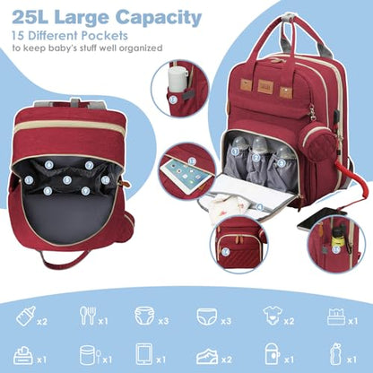 JSTPRO Diaper Bag Backpack, Large Diaper Bag with Changing Station, Baby Bag, New Mom Gifts, Lightweight Waterproof Unisex Diaper Bag with Insulated Pockets and USB Charging Port, Red - color: Red