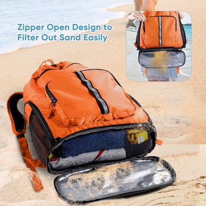 Large Beach Backpack w/Shoe Compartment &Detachable Ball Mesh Bag - color: Orange