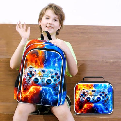 AGSDON 3PCS Game Console Backpack for Boys, 17" Kids Bookbag with Lunch Box for Boy, Flame Thunder Backpacks Water Resistant and Lightweight for Teen - color: Game